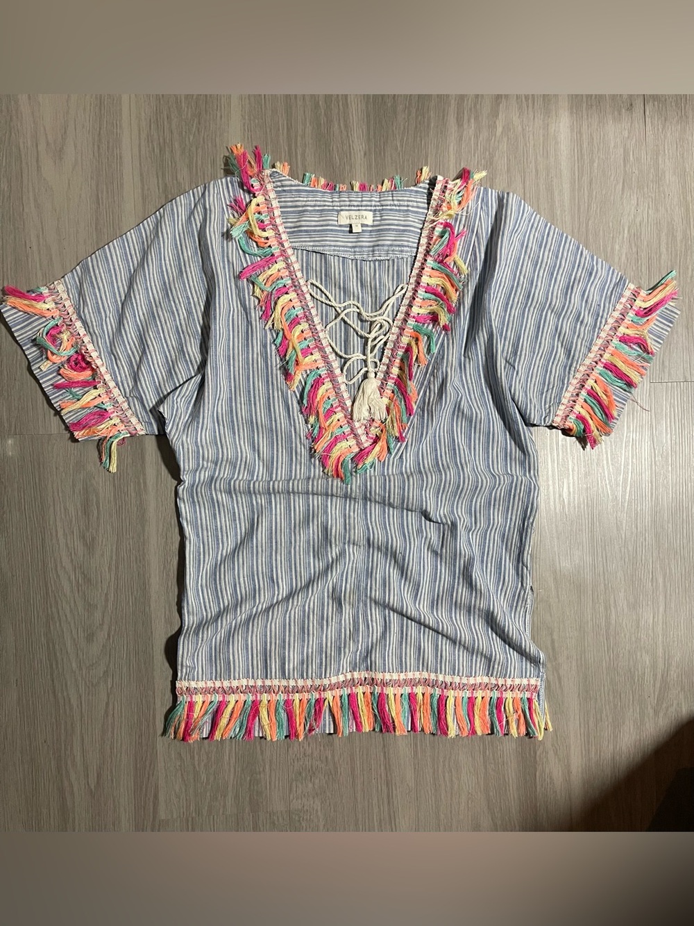 Blue Striped Fringe V-Neck Women's Top
